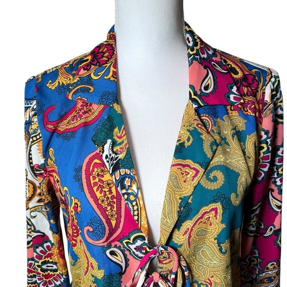 Willow & Root Mixed Paisley Print‎ Chiffon Blouse Bell Sleeves Tie Front Small - Picture 6 of 16